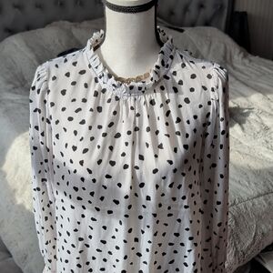 Chic Ruffle Neck Black and White Polka Dot Blouse